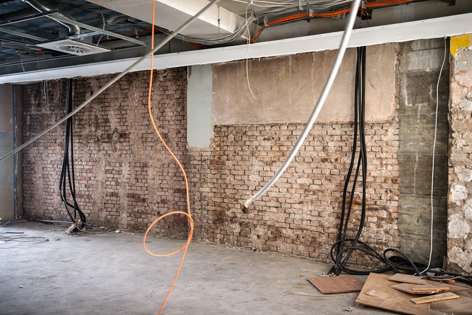 Innenausbau – Baustelleneinblick Innenraum mit freigelegtem Mauerwerk und offenen Deckeninstallationen