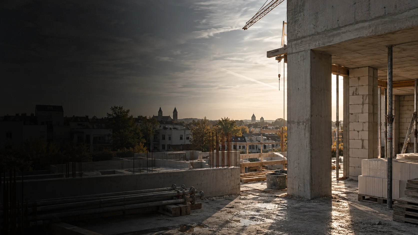 Rohbau, Maurer- & Betonarbeiten | SH Bau Rohbau mit Betonstützen und Mauerwerk bei Sonnenuntergang