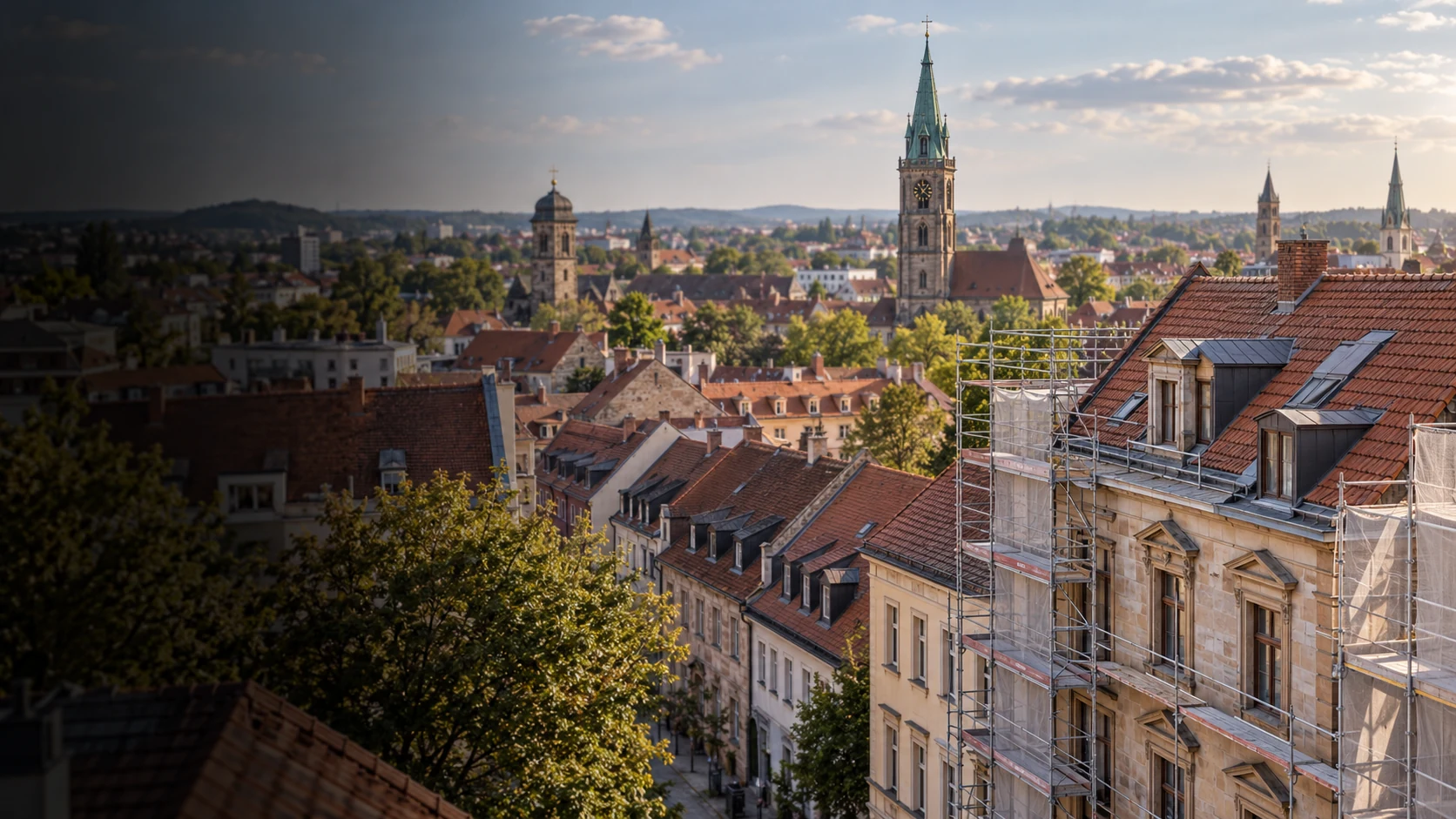 Bauunternehmen Fürth | SH Bau Stadtansicht von Fürth mit Altbauten und eingerüstetem Gebäude