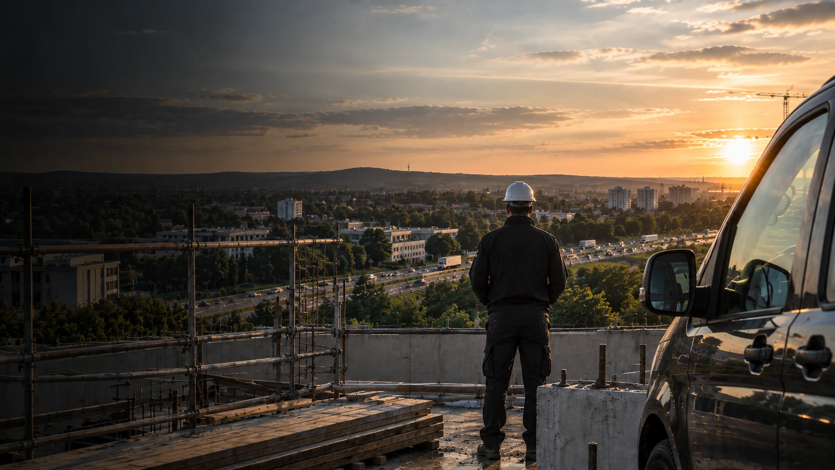 Bauleiter auf einer Baustelle mit Blick über eine deutsche Stadt bei Sonnenuntergang