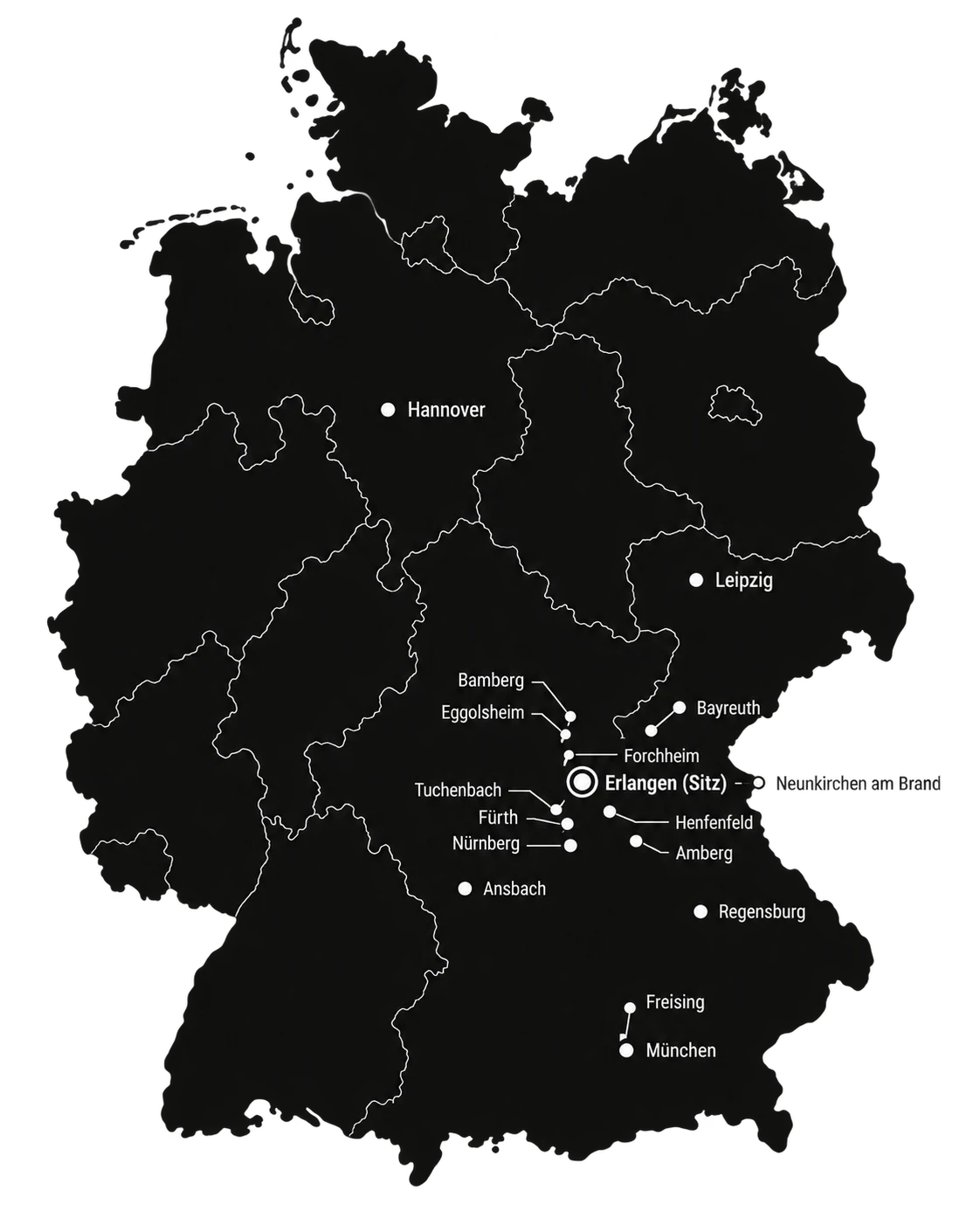 Deutschlandkarte mit markierten Projektstandorten und Unternehmenssitz in Erlangen