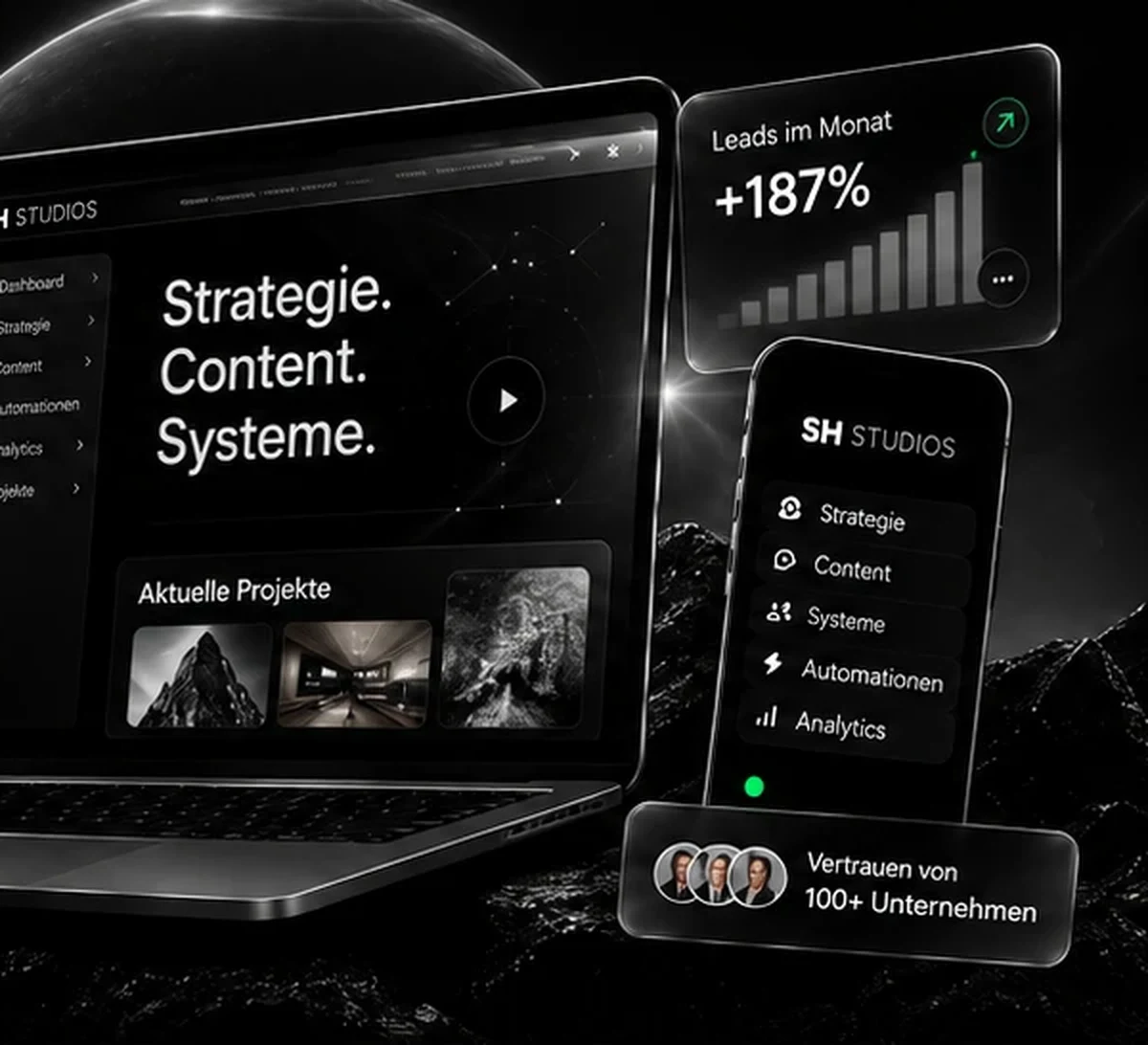 Laptop und Smartphone mit SH-Studios-Oberfläche und schwebenden Interface-Karten