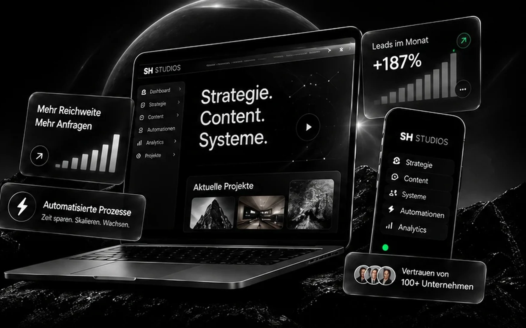 Laptop und Smartphone mit SH-Studios-Oberfläche und schwebenden Interface-Karten
